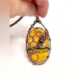 HAND CRAFTED Bumblebee Jasper Black Onyx Wire Wrapped Copper Pendant Necklace